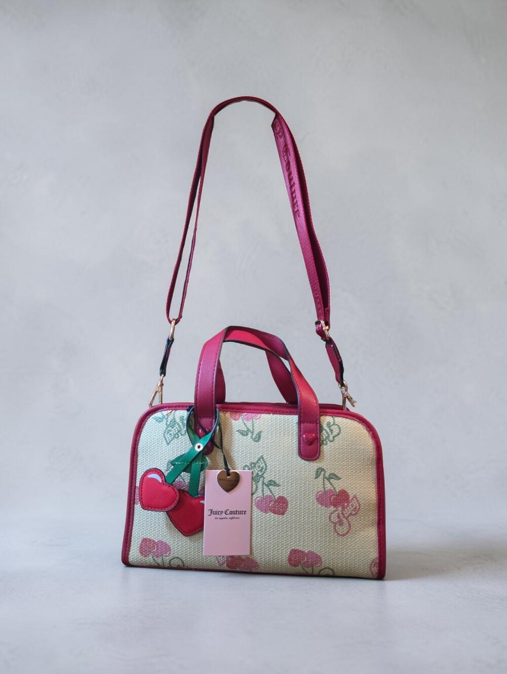 Juicy Couture Pink Cherry Print Satchel with Heart Charm - Picture 2 of 11